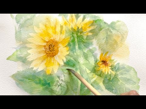 ひまわりとアゲラタム　水彩画 夏の花 sunflower . . . . . . . #ひまわり#透明水彩#水彩