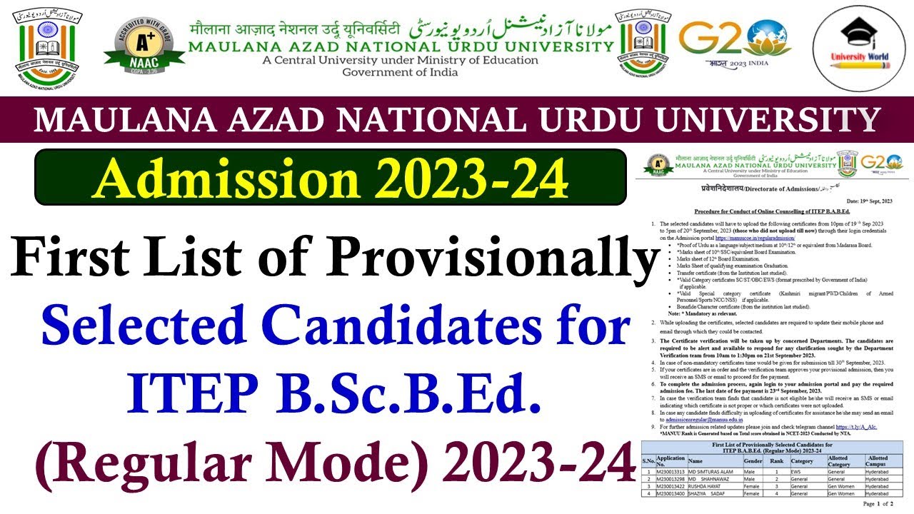 Manuu First List of Provisionally Selected Candidates for ITEP B.Sc.B.Ed 2023-24 || 
