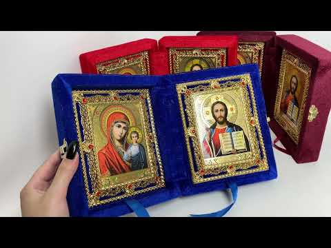 Ікона "Богородиця та Господь" ажурні в оксамиті синя, видео 1