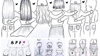 4 dibujos a lápiz de mejores amigas/ Como dibujar mejores amigas facilmente/ Recopilación de dibujos