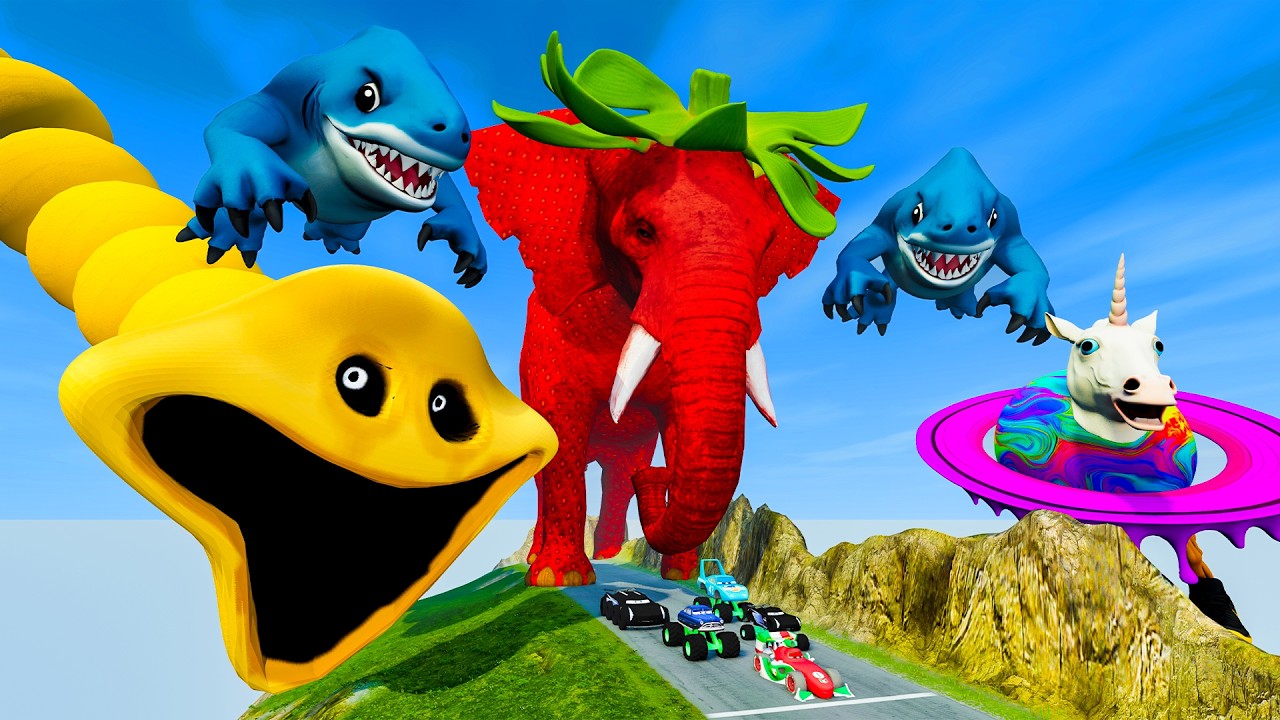 ALL Strawberry Elephant & Yellow Worm vs Broken Bridge with Blue Shark BeamNG.Drive