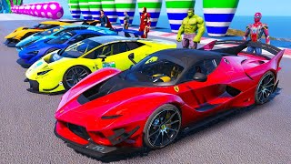 SPIDERMAN with SUPERHEROES and SUPER CARS Challenge On Ramps   GTA V MODS   KS Gaming