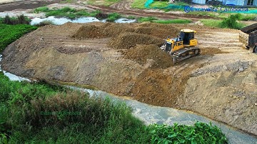 Awesome mighty machine heavy bulldozer pushing soil - Dump truck dumping soil into slope