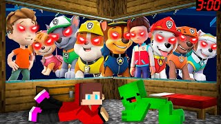 JJ and Mikey hide From Scary Puppies and Ryder from PAW PATROL EXE Minecraft Maizen JJ and Mikey