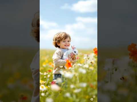 جمال الطبيعة مع الطفل والأرنب اطفال