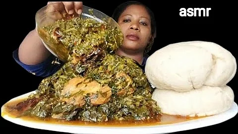 African food mukbang/ oatmeal fufu with spinach soup. Nigeria food ASMR