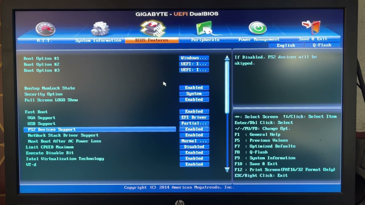 How to Enable or disable ps2 device support in BIOS on Gigabyte