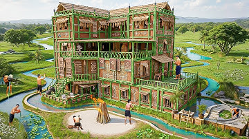90 Days Building a Luxury Bamboo House with Pool and Firepit in the Jungle Using Primitive Tools