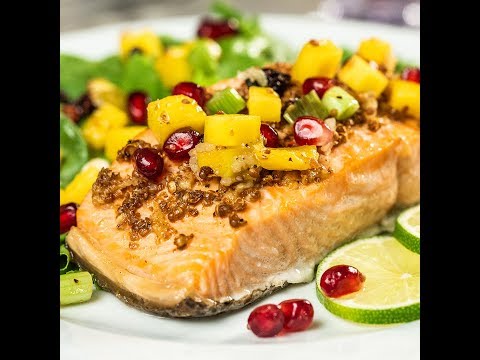 Salmon with Mango, Pomegranate and Blueberry Salsa