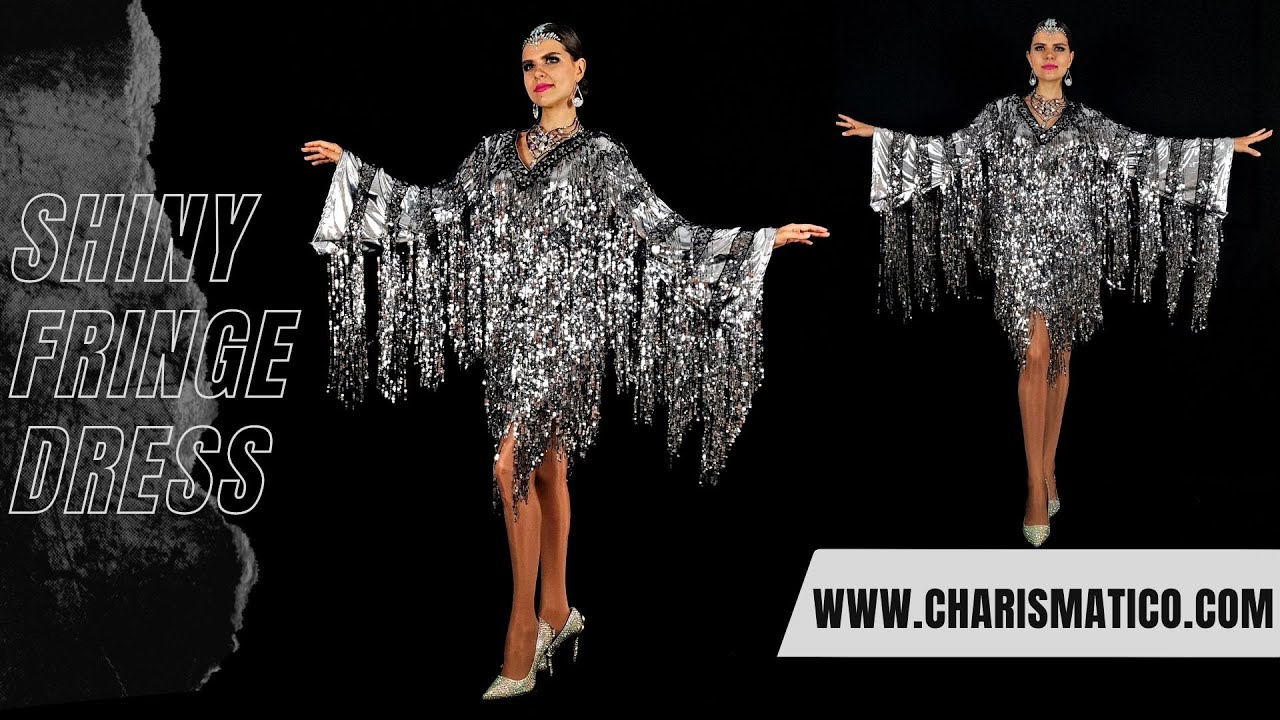 black dress silver fringe Black and Silver Fringe Beaded Dress // Avant Garde Evening Dress // Vintage Fringe Midi Gown