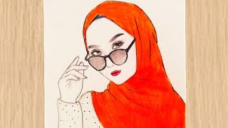 how to draw girl with glasses easy/رسم بنات محجبات سهل/رسم بنت/محجبة للمبتدئين /rasm banat 2020