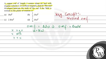 A copper rod of length \( I \) rotates about its end with angular velocity \( \omega \) in unifo...