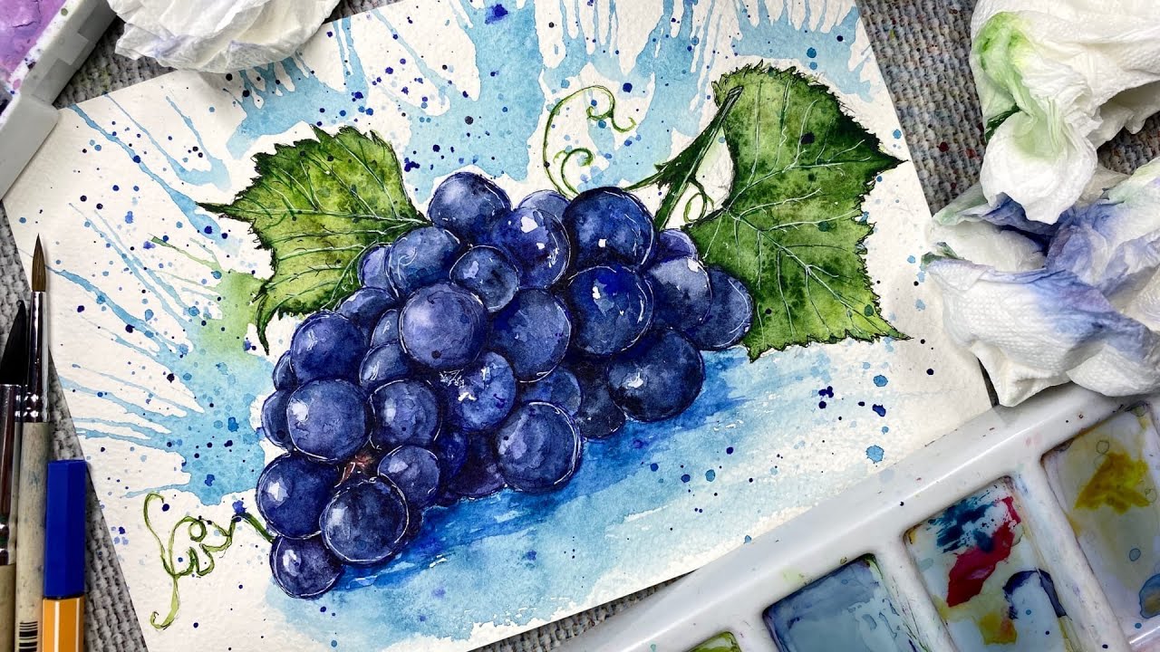 Рисунок акварелью виноград поэтапно