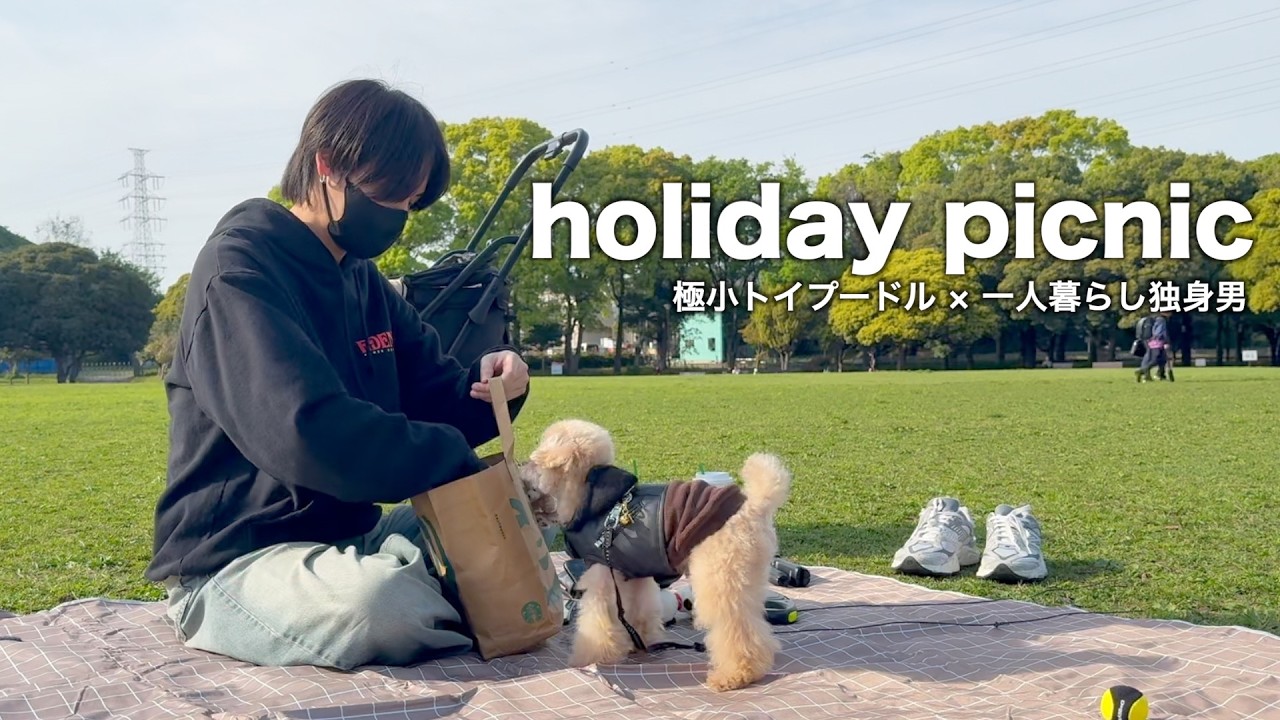 都会の忙しさに疲れて犬と芝生にやってきた休日