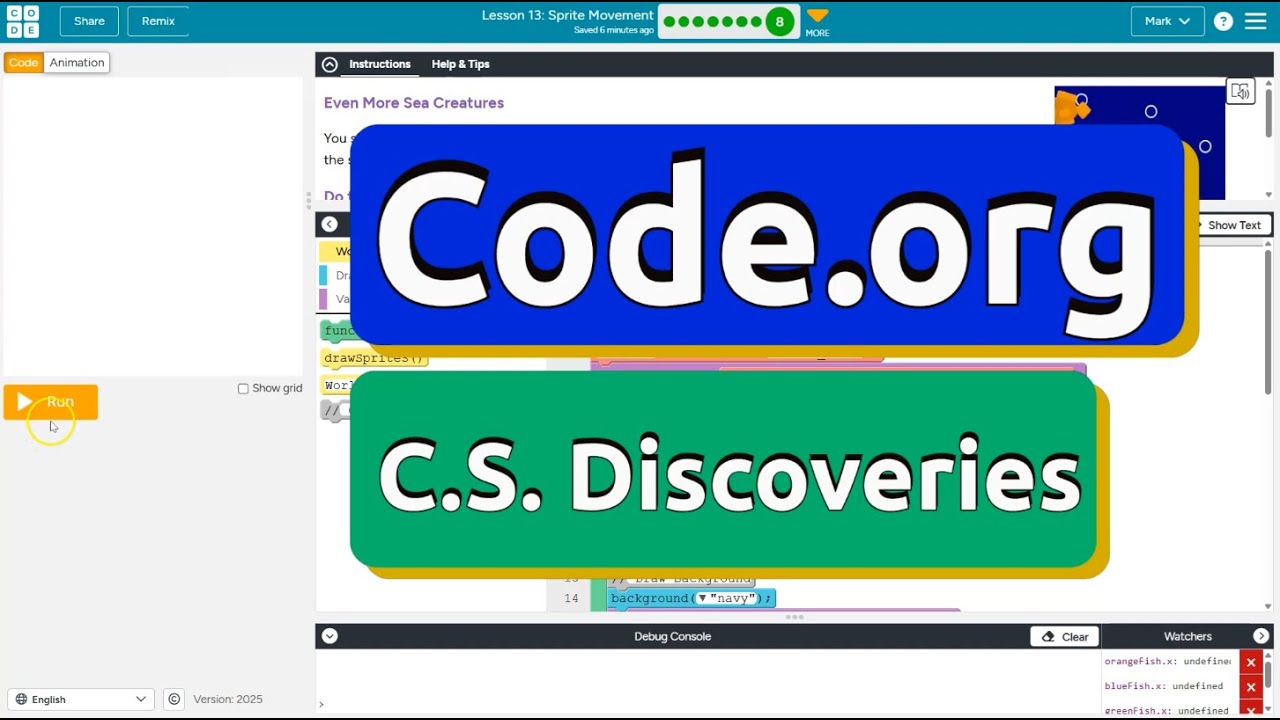 Code.org Lesson 13.8D Sprite Movement | Tutorial with Answers | CS Discoveries Unit 3