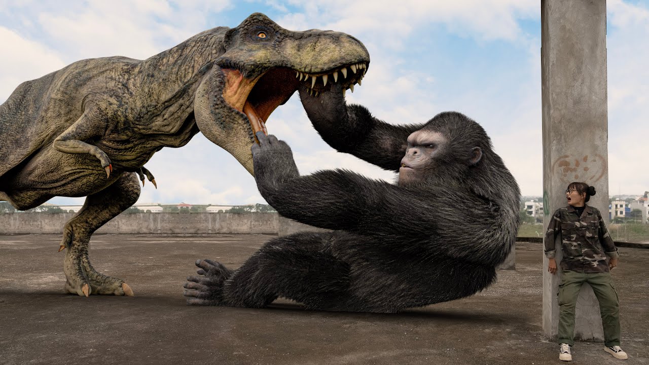 Most Dramatic T rex Dinosaur VS King Kong in Real life Rescue the beautiful Hunter  Teddy Chase