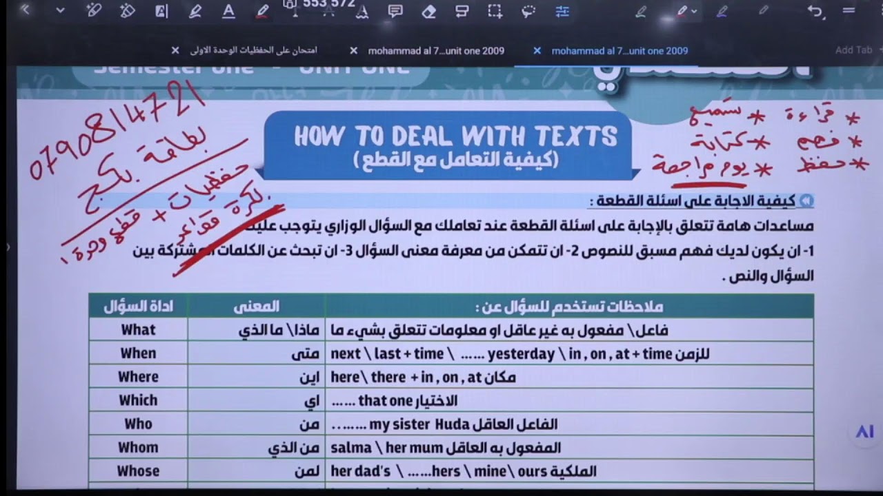 شرح حفظيات الوحدة الاولى لجيل 2009 لمادة اللغة الأنجليزية