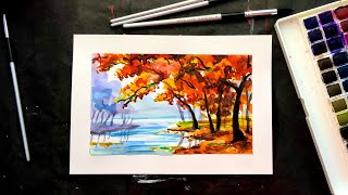 КАК НАРИСОВАТЬ ОСЕНЬ • Пейзаж акварелью • Рисование акварелью для начинающих • Легкий пейзаж • Осень