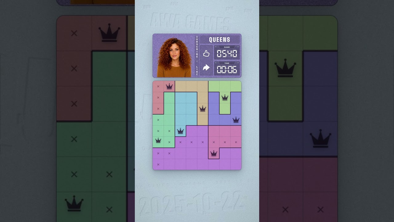 LinkedIn Queens #540 solved board for October 22, 2025, 8x8 grid