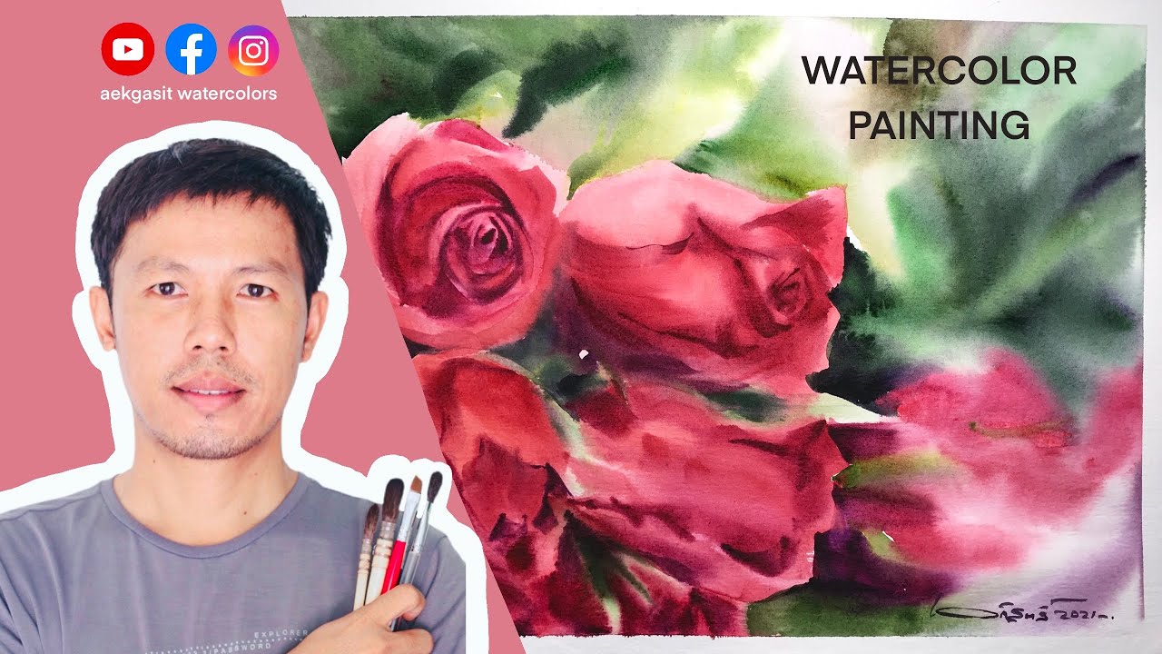 ชมเทคนิคการวาดภาพสีน้ำดอกกุหลาบ แบบ speed painting @Aek-watercolors #สีน้ำ #วาดรูป#watercolor