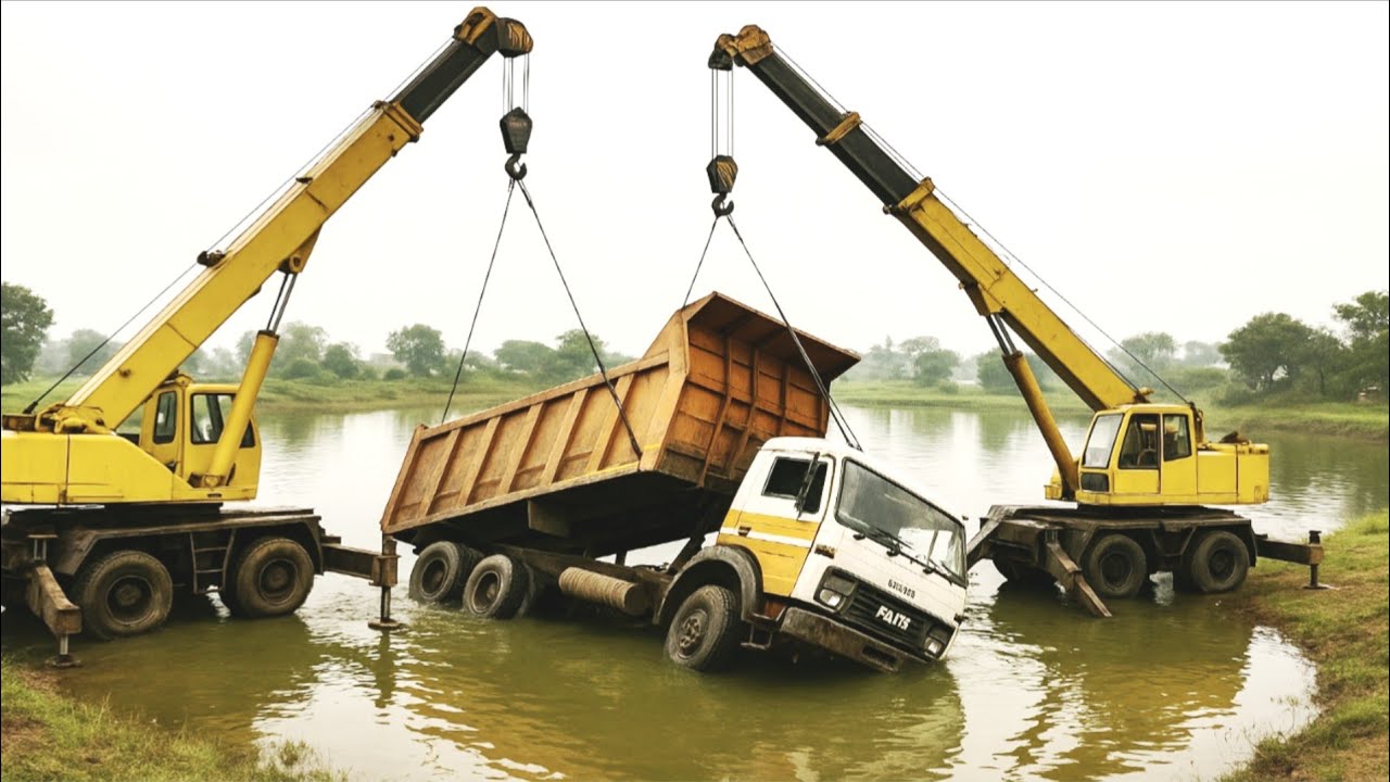 Getting Truck Stuck in Mud Recovery By Crane Machine Expert Operator 
