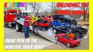 HUGE POWER WHEELS COLLECTIONS! Unloading His Ride On Power Wheels! Sneak Peek Of Monster Truck Build