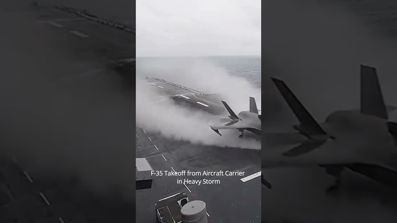 F-35 Takeoff from Aircraft Carrier in Heavy Storm