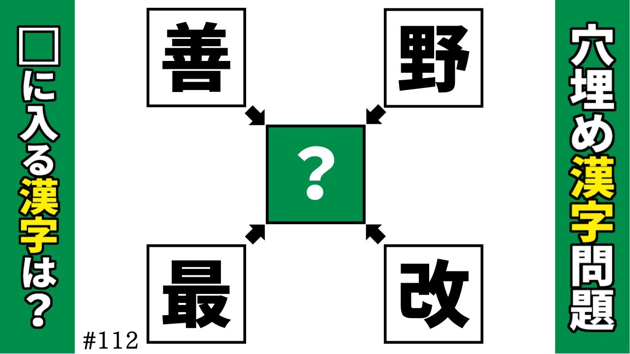 【漢字穴埋めクイズ112】中央のマスに漢字を入れて二字熟語を4固作る脳トレ漢字クイズ