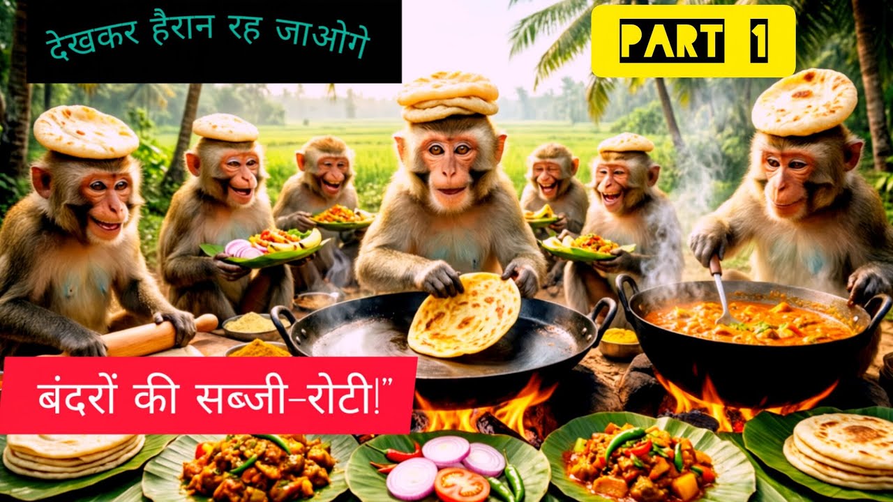 बंदरों ने मिलकर बनाई गरम–गरम सब्जी–रोटी 🫓🔥 | Monkeys Cooked Veg Curry & Roti Together