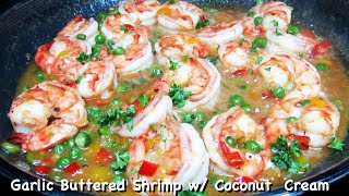 GARLIC BUTTERED SHRIMP with CREAMED COCONUT &amp; GREEN PEAS