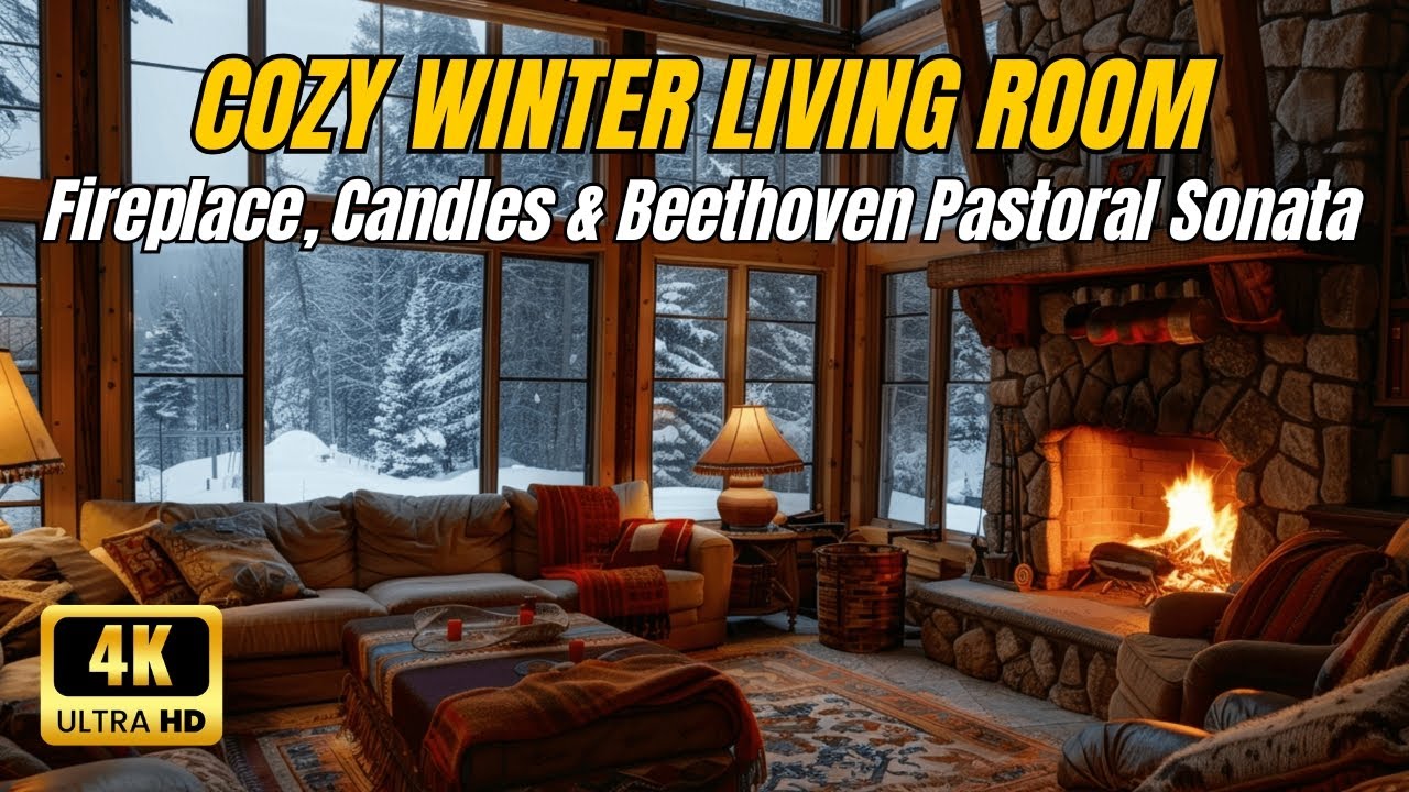 Cozy Winter Living Room | Blazing Fireplace, Candles & Beethoven Pastoral Sonata