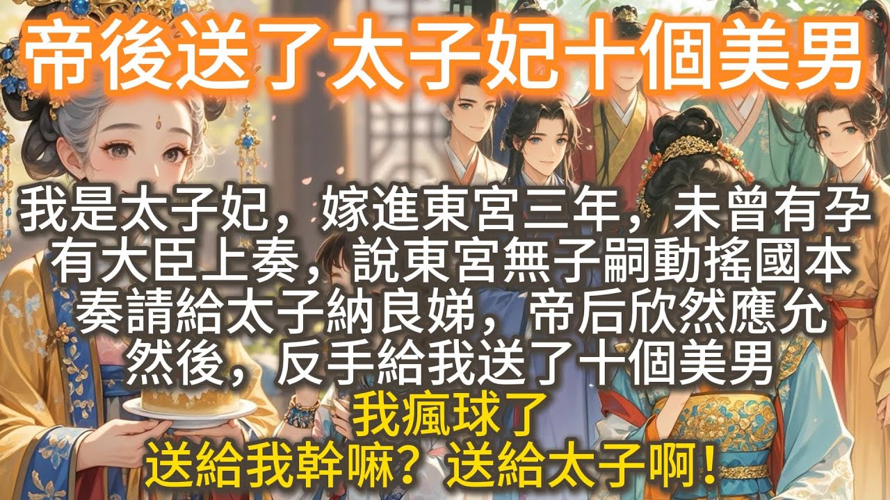 完結大女主搞笑爽文：帝後送了太子妃十個美男。我是太子妃，嫁進東宮三年，未曾有孕。有大臣上奏，說東宮無子嗣動搖國本，奏請給太子納良娣。帝后欣然應允。然後，反手給我送了十個美男。 送給我幹嘛？送給太子啊！