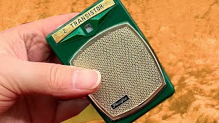 No ones favorite color
Its a green radio. We dont see a lot of green any more. You used to see green products like radios and cars, but not for quite awhile now. People dont seem to like green. Who was the last U.S. presidential candidate to use the color green for their campaigns branding?
This guy. And youve got to go way back to 1976 and 1980 for this green branding. And you know how that worked out. And if you dont, well Ill just tell you. Not good. Was the color green to blame? Well, absolutely NO ONE will say it out loud. Hardly anyone even thinks it. But I do. And Ill say it. Yes, green was to blame.
But personally, I love green! Ive operated a record label for decades and the color Ive always used in its branding is the color green. Maybe thats why youve never heard of it??
And when I get a chance to buy a green radio for my collection, Im there. My most valuable green radio is this one oooo, the Sony TR-55. This one only came in green. Probably my LEAST valuable green radio is the model we are looking at today, this little Pacific 2-transistor boys radio too modest and unassuming to even have a model number. Something about this radio reminds me of a Fujitone I have and I THINK I have this same radio somewhere as an Angel. You may have it with any number of names on it. If so, please share that info in the comments below.
This one appears to be missing the antenna jack, or more likely just the nut off the top of it. A lot of these boys radios came with screw-in antenna rods to help them snag radio stations. With just two transistors, they needed all the help they could get. Inside is pretty impressive. It looks like a well-planned and well-built little radio.
The styling of this little Pacific radio owes much to the most influential of all transistor radios, the Sony TR-610. In the wake of that Sonys success, many other makers copied it, some more or less ripping off the Sony design, some using it as a springboard for their own styling touches. This Pacific is shorter than that Sony and as you can see, the speaker grille has been squared off and there is some nice detailing around the dial window. A very pleasing look, I think.
It came with this thin vinyl case. I dont keep this radio or any other radio I have in any case thats made of vinyl for reasons Ive covered elsewhere in other videos. Still I cant throw this case out because... well, I just cant. So I keep it separate in a little plastic bag and let time take its toll. Its galready a little sticky. At some point I expect it to be a gummy mess that I cant even wash off my hands. Even then, Ill probably just put it in another plastic bag and keep it.
Green! The color of choice... for politicians who dont get re-elected, for cars you will never buy, for companies you never heard of... and the official color of this, our most drunken holiday. No ones favorite color