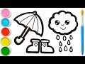 Cute Rainy Day Drawing for Kids ☔🌈 | Easy Umbrella, Cloud &amp; Boots Drawing