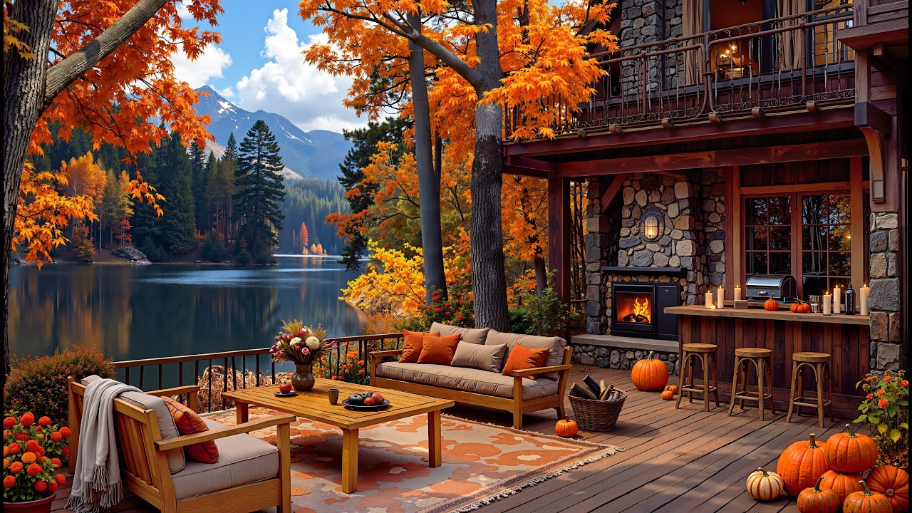 Autumn Morning Jazz at Lakeside Coffee Shop 🍁 Soft Piano Jazz ...
