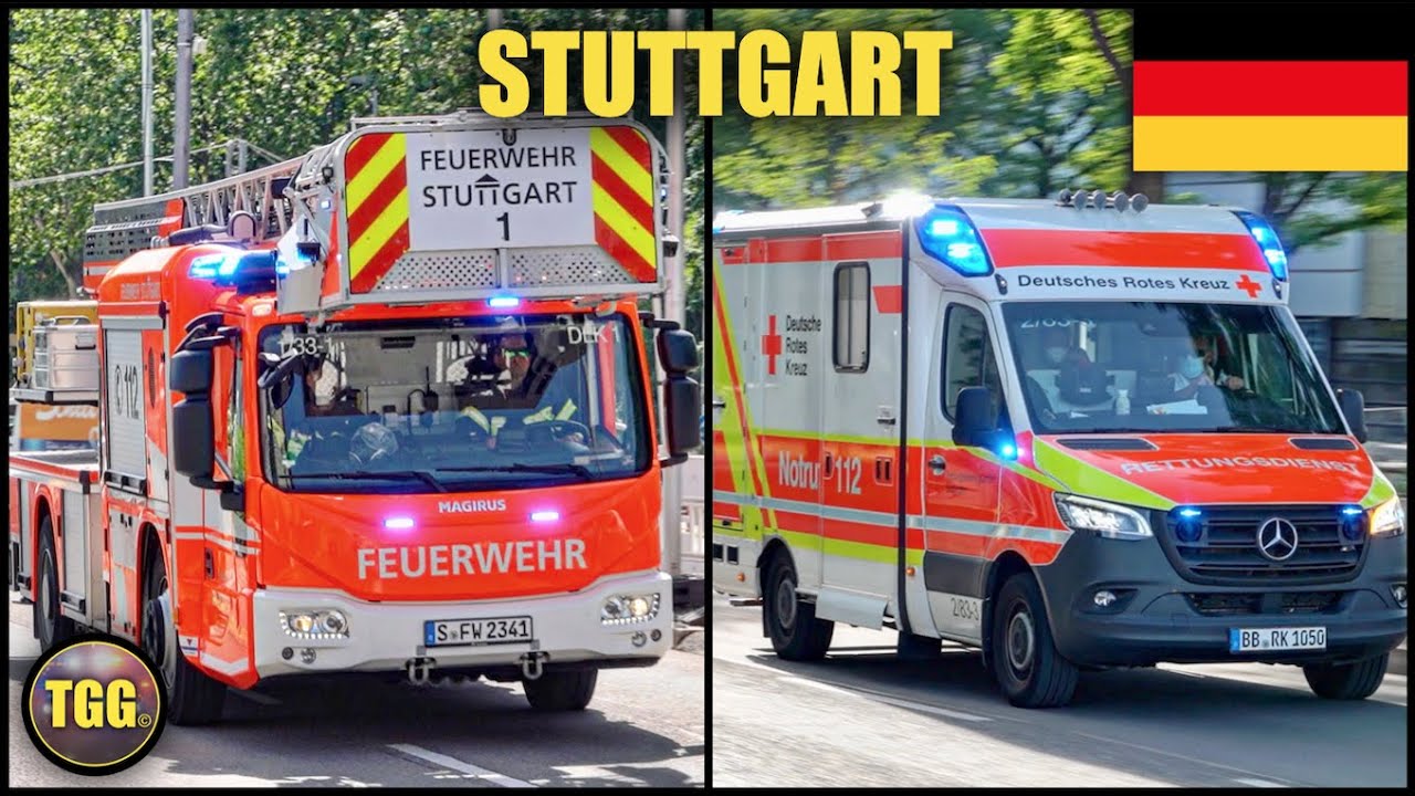 [Germany] Stuttgart Fire Trucks & Ambulances With Lights & Siren!