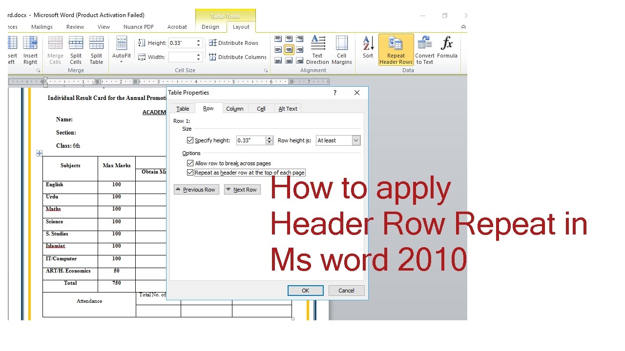 How to repeat header rows in word