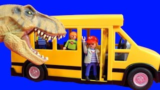 School Bus Children Go On Field Trip To Jurassic World Dinosaur Land With T-Rex And Fun ABC Song