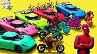 SUPERHERO MINI Cars Challenge on HIGH Ramp ! SPIDERMAN Hulk Iron Man and Race Jump Stunt - GTA 5 Mod