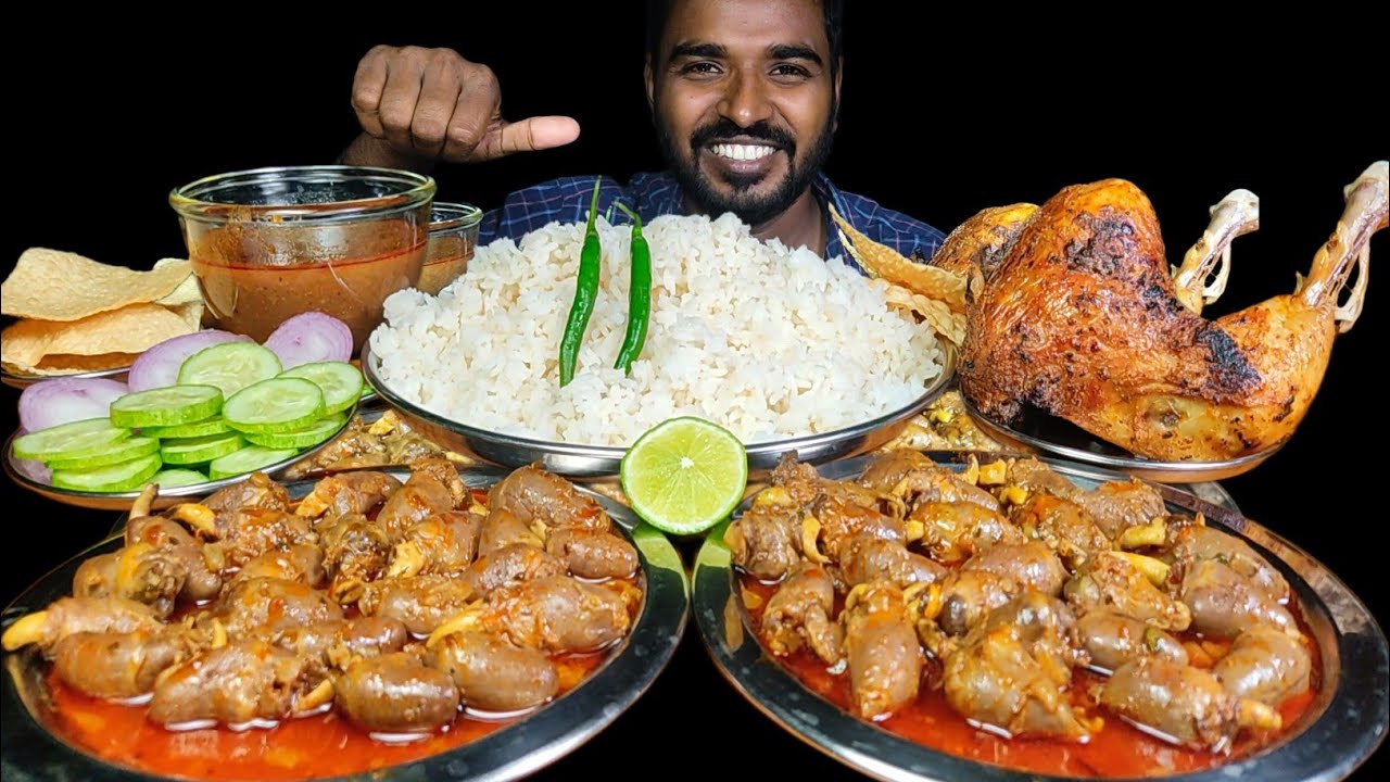 Eating Spicy Chicken Heart Curry with Rice | Tandoori Chicken, Chilli, Papad & Salad Mukbang 