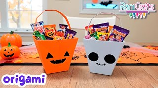 DIY ORIGAMI Halloween Treat Baskets (Paper Bag) | Pumpkin & Ghost Crafts