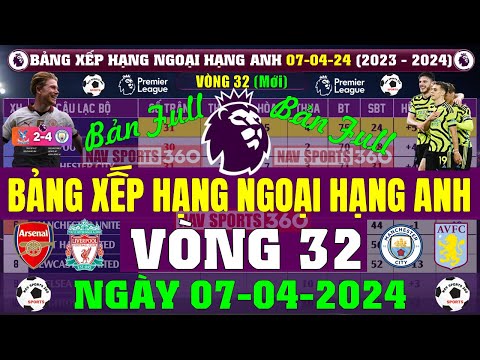 Bảng Xếp Hạng Ngoại Hạng Anh 2024 Mới Nhất Vòng 32, Ngày 7/4/2024 