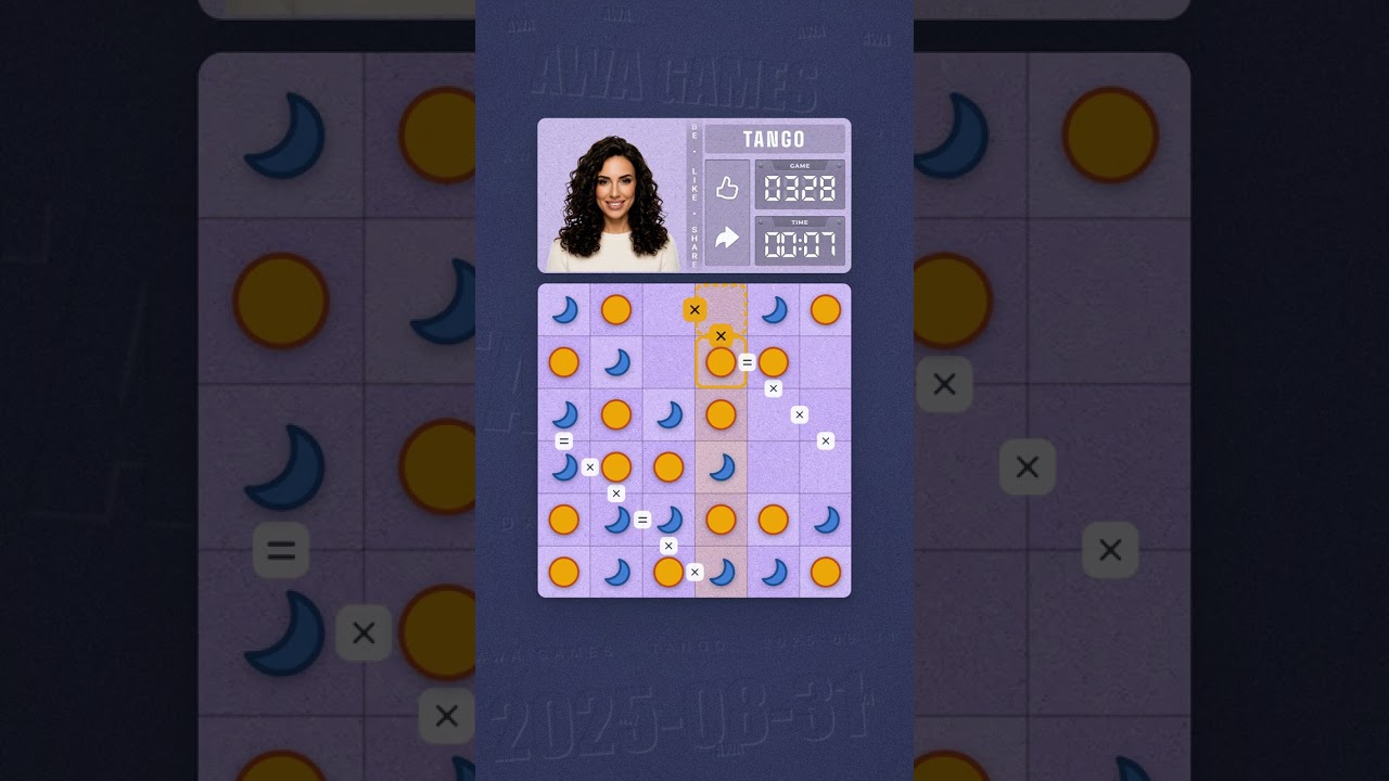 LinkedIn Tango #328 solved board for August 31, 2025, 6x6 grid
