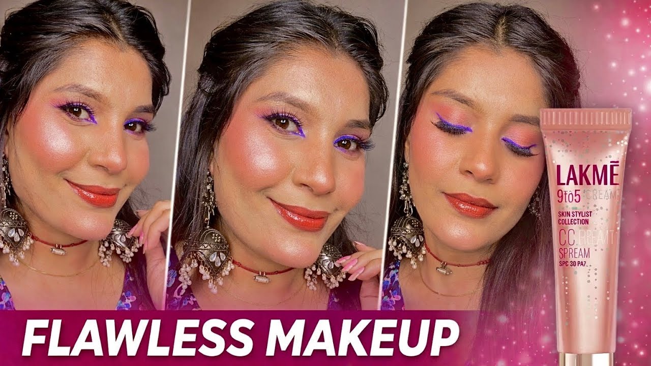 Flawless base with Lakmé CC Cream + Bold Purple Liner! ✨step by step tutorial for beginners💁‍♀️