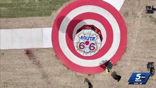 Giant push pin marks Route 66 midpoint in Wellston, Oklahoma
