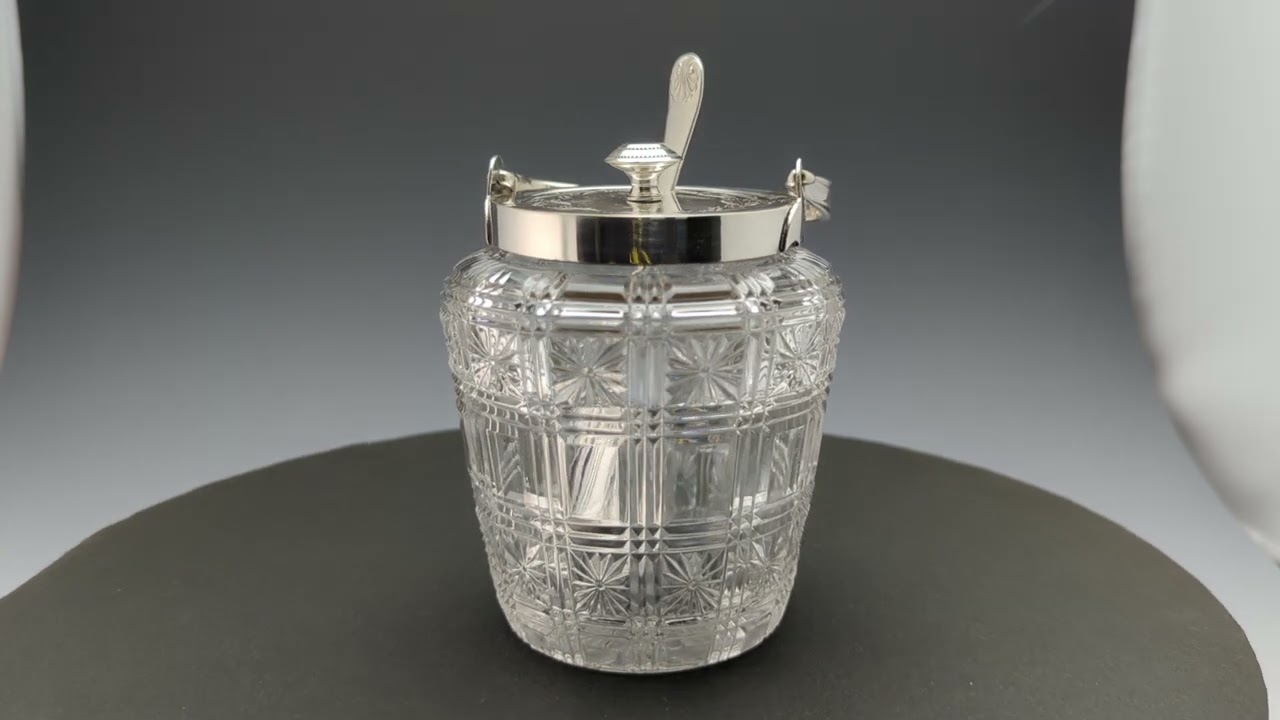 英国アンティーク カットガラス ジャムポット シルバープレート蓋