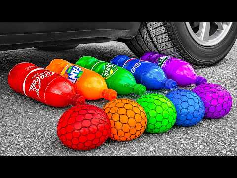 Crushing Experiments Video! &Car vs Crunchy Color Giant Sodas Balloons Bottles & Soft Things By Car