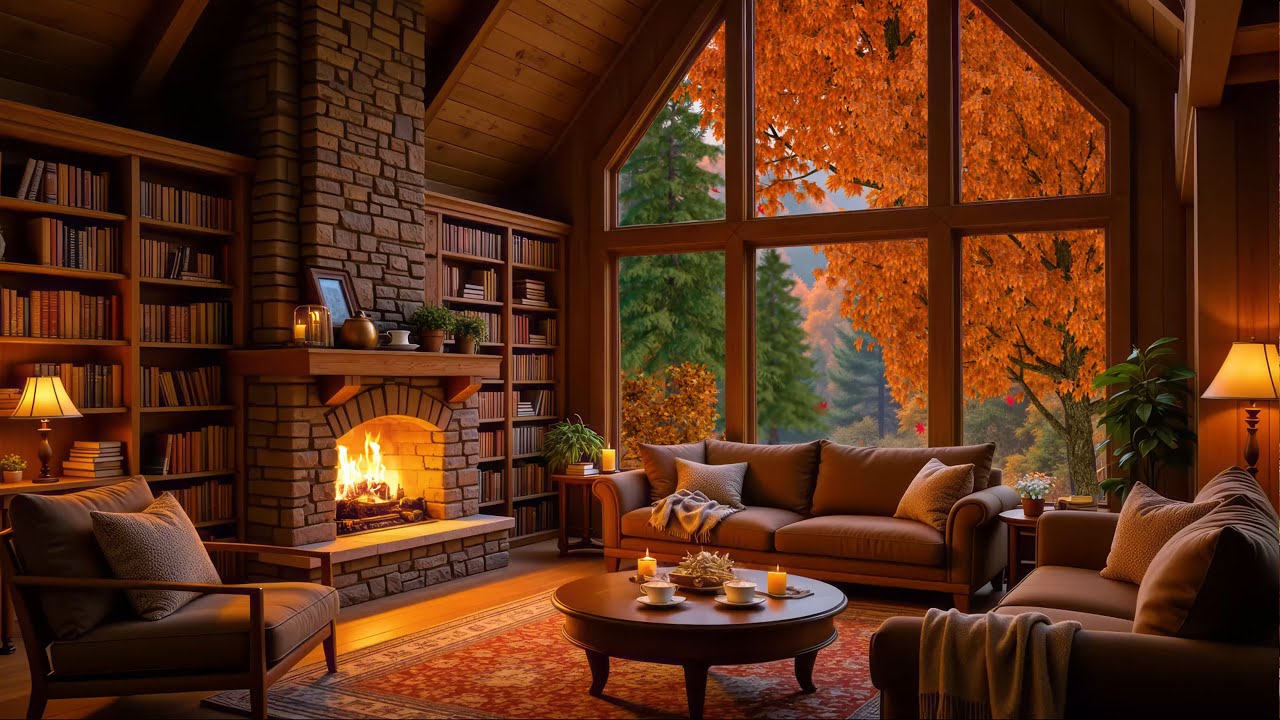 Autumn Morning Vibes | Relaxing Piano Music & Crackling Fireplace in a ...