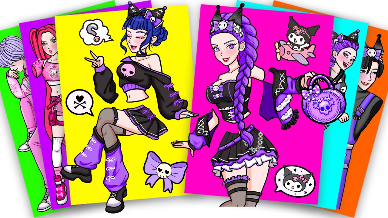 Huntrix Cosplay KUROMI and MY MELODY outfit - Kpop Demon Hunters Sticker Book | Paper DIY