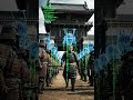 Lord walks past bowing samurai 大名出陣の儀式